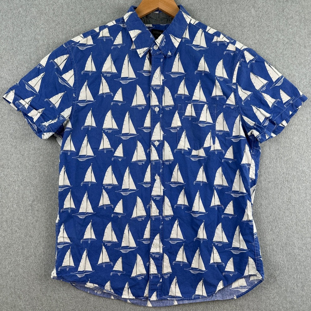 J.Crew Button Down Shirt Mens L Blue Sailboat Short Sleeve H4743 Nautical Cotton